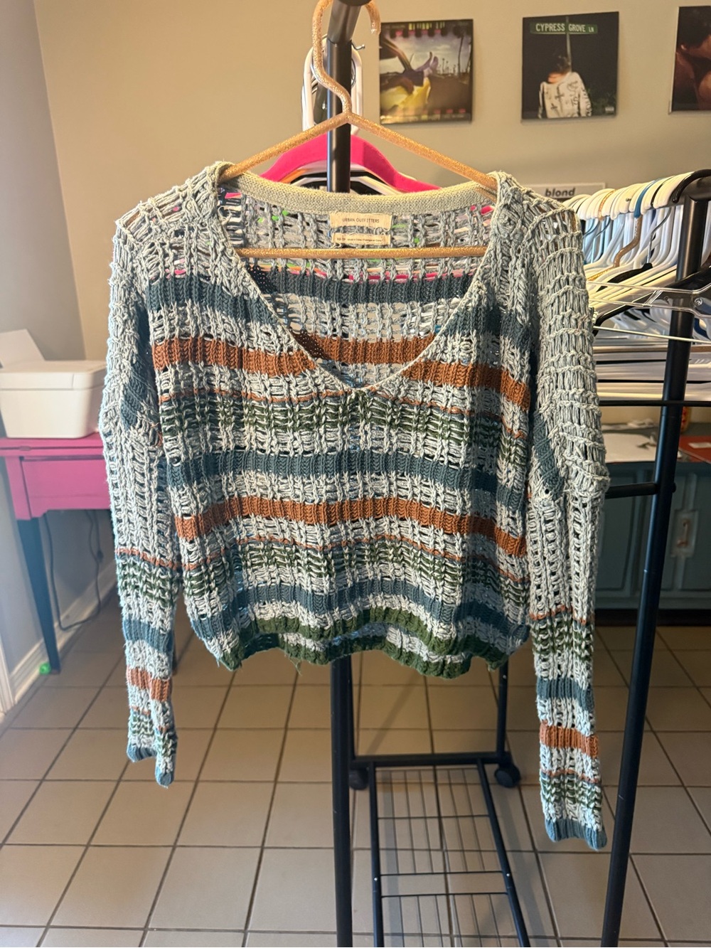Urban Outfitters Open-Knit V-Neck Sweater in Sage, Rust & Olive Stripes
